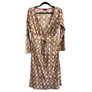 Nila Rubia Pink Green Paisley Hand Block Print Faux Wrap Long Sleeve Dress Large